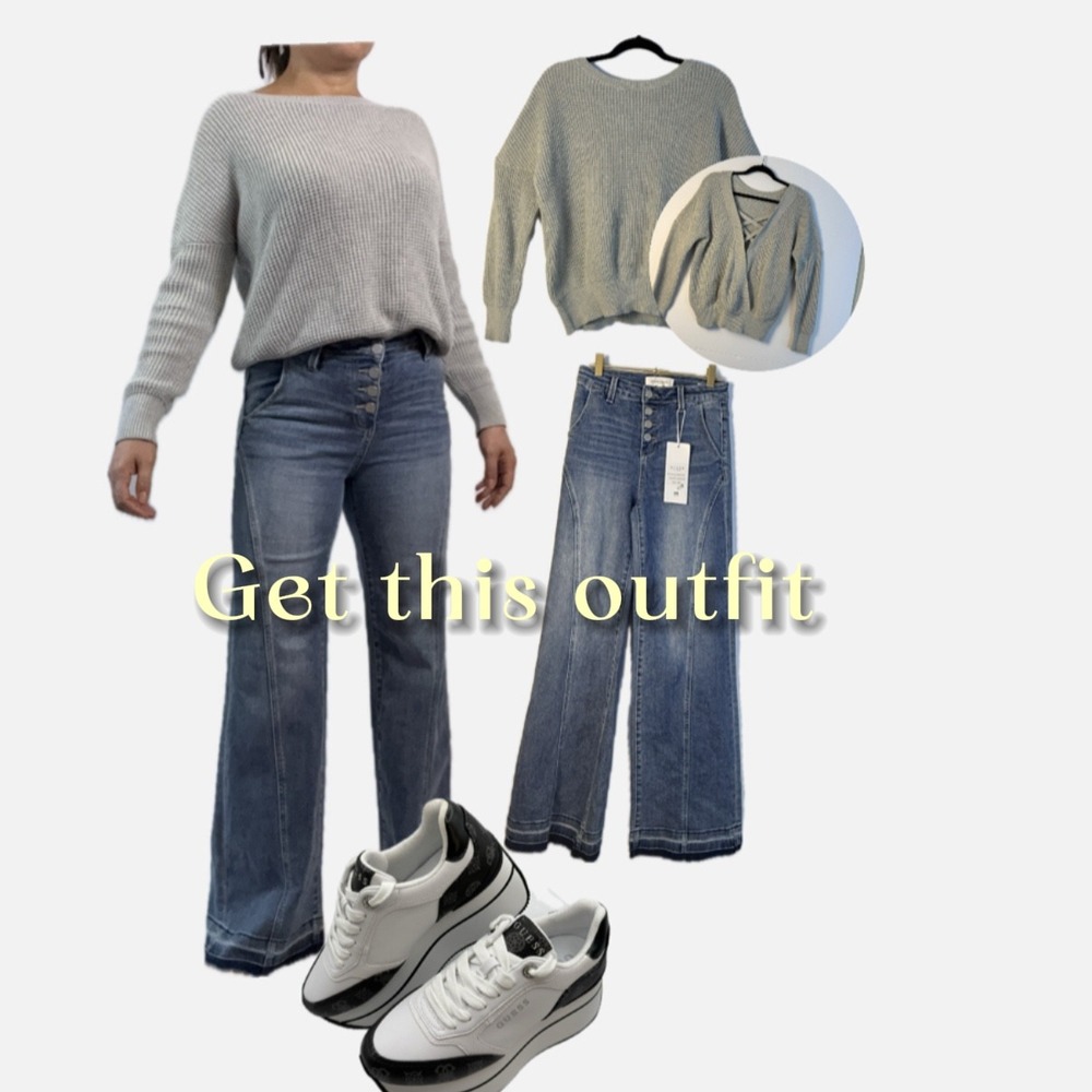 Waffle Knit V Neck Criss Cross‎ Back Sweater Light Grey Size M - Picture 8 of 8